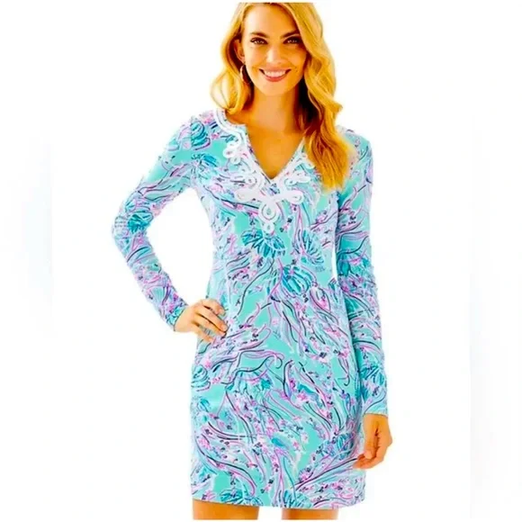 Lilly Pulitzer Long Sleeve Harper Shift Dress (Size Xs) (Bayside Blue Under The Moon)